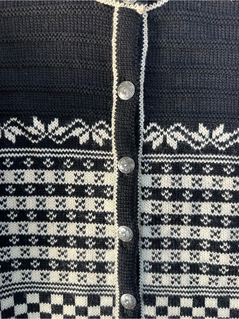 Vintage Norlender Norwegian Wool Cardigan Black Cream Fair Isle Nordic Pewter M - Picture 6 of 10